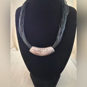Chicos Multistrand Black Cord Necklace with Silver-Tone Crescent Pendant
